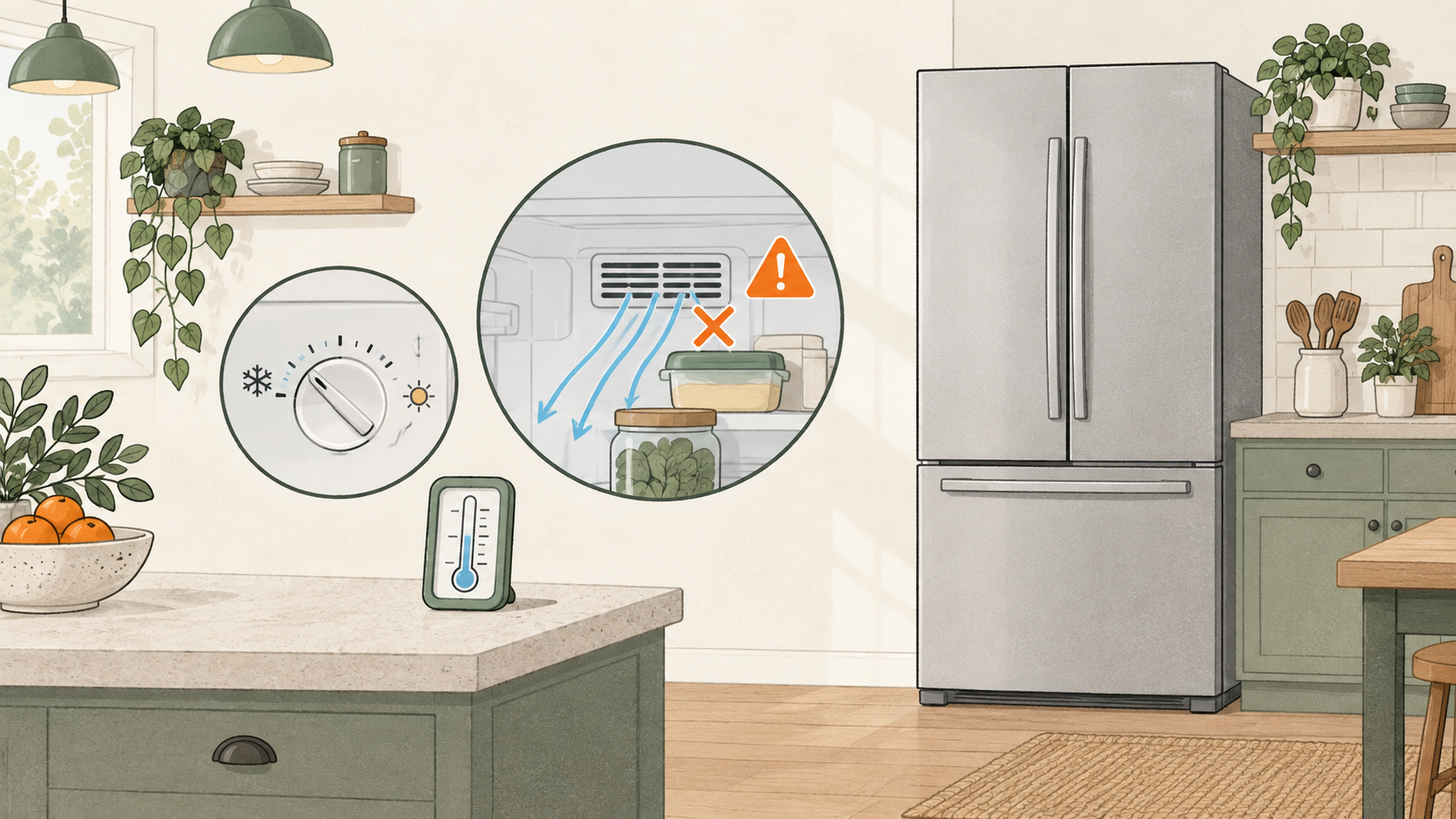 Refrigerator with a temperature dial, thermometer and blocked cold-air vent illustration